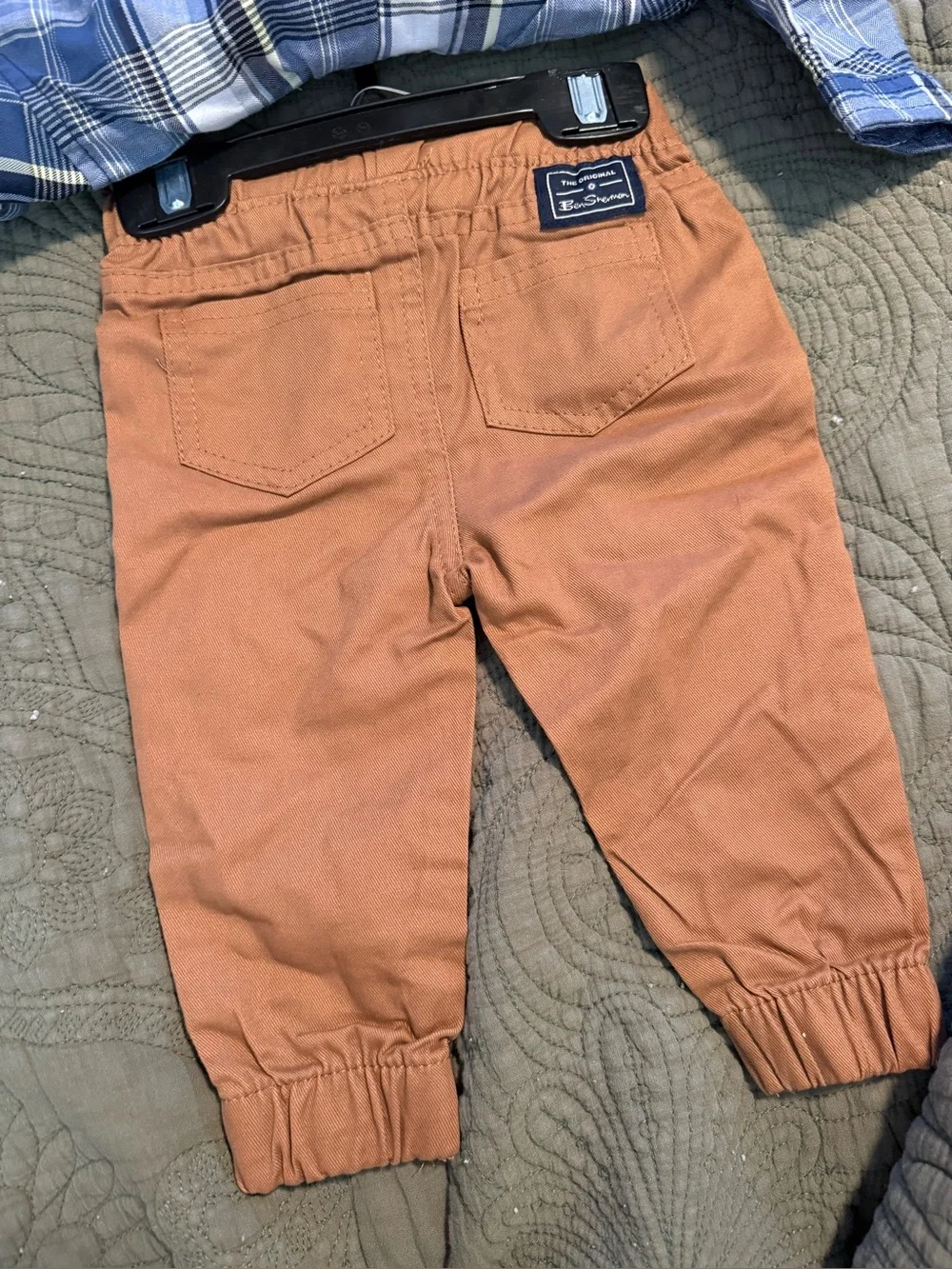BWT  3/6 Month Blue Plaid Baby One-Piece with Tan Jogger Bottoms